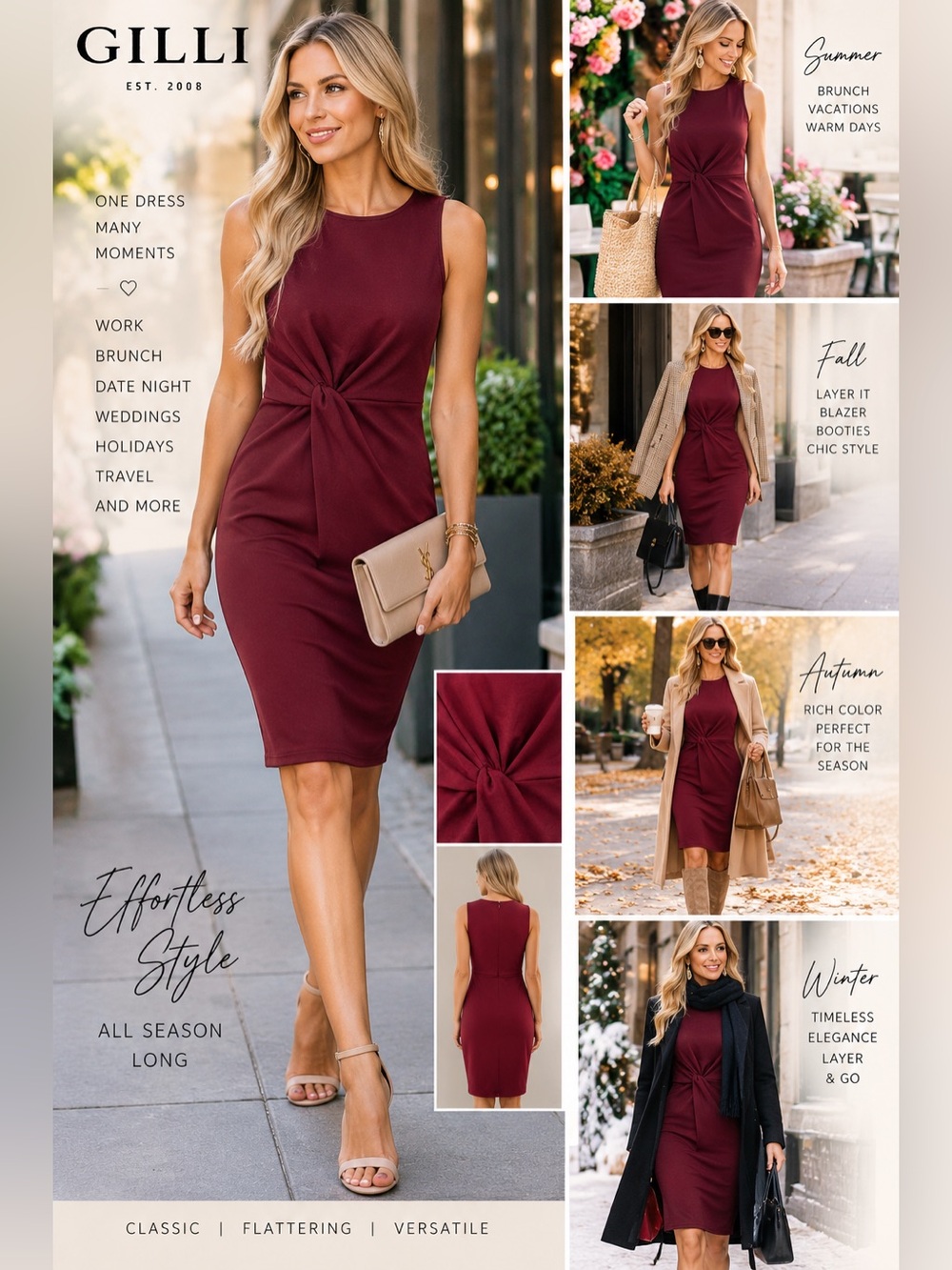 Gilli Sleeveless Knot-Front Sheath Dress - Burgundy Size Medium